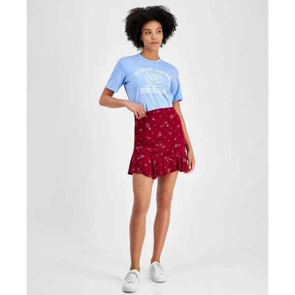 Tommy Hilfiger Jeans Mini Skirt Women M Red Floral Flounce Hem High Rise FTS1145
